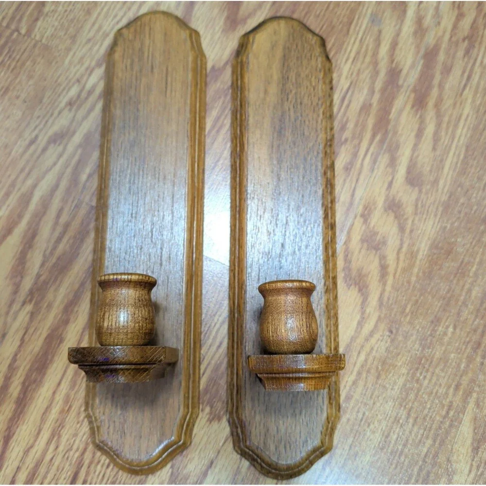Vintage Wood Wall Sconce Candle Holders Pair 14”